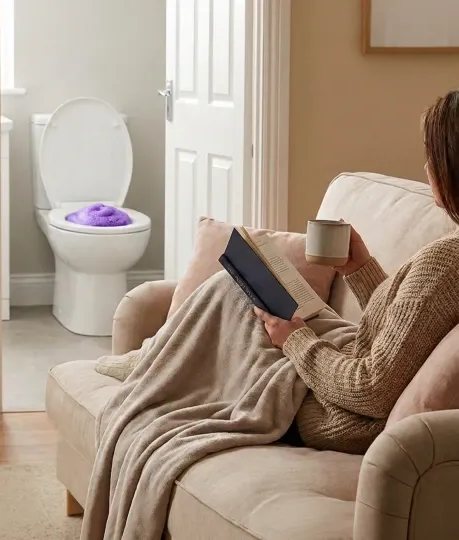 Kvinde slapper af i sofaen med en bog, mens det lilla toiletskum virker på badeværelset