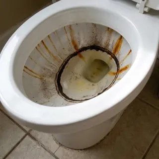 Toilet med mørk kalkrand og rustpletter før behandling