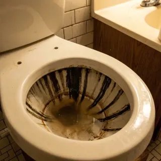 Toilet med mørke løbestriber under kanten før behandling
