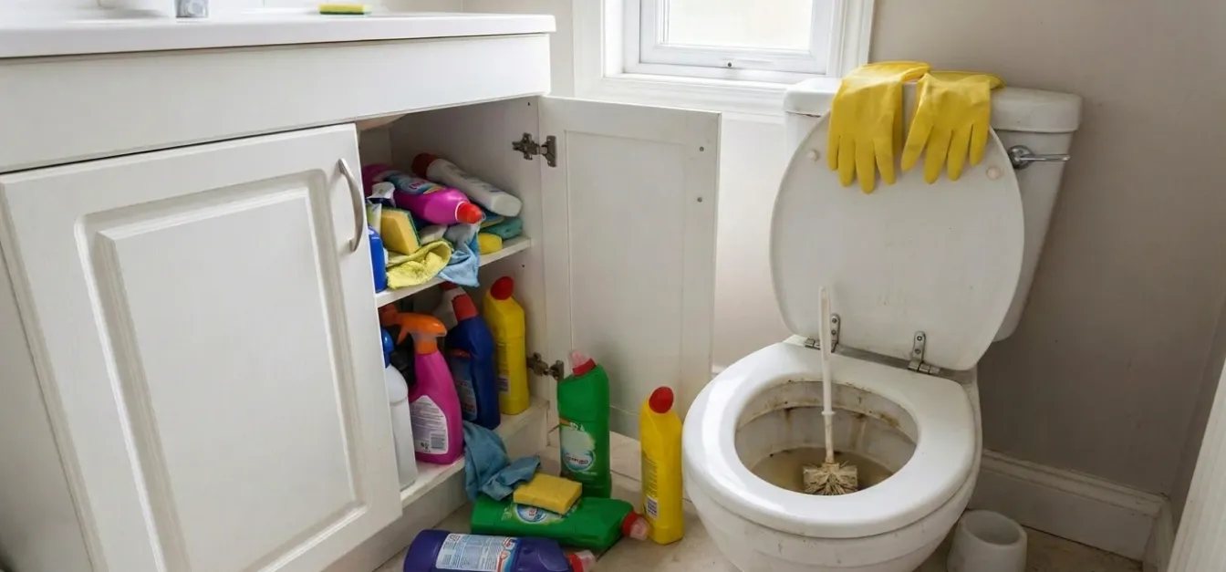 Skab fyldt med rengøringsmidler ved siden af et toilet med toiletbørste
